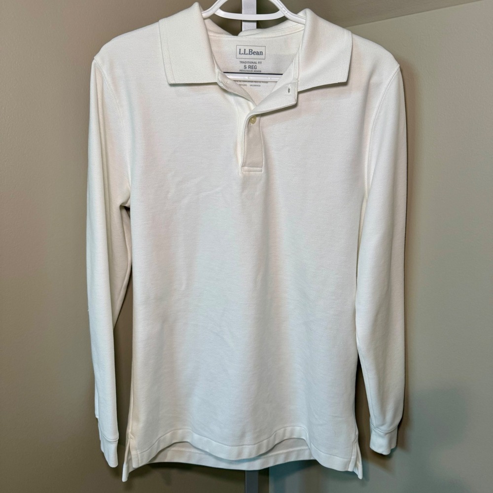 LL Bean Mens Long Sleeve Polo Shirt White Traditional Fit 100% Cotton Small